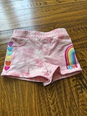 Girls' Pink Rainbow Heart Cotton-Blend Shorts - LOVE Embroidery